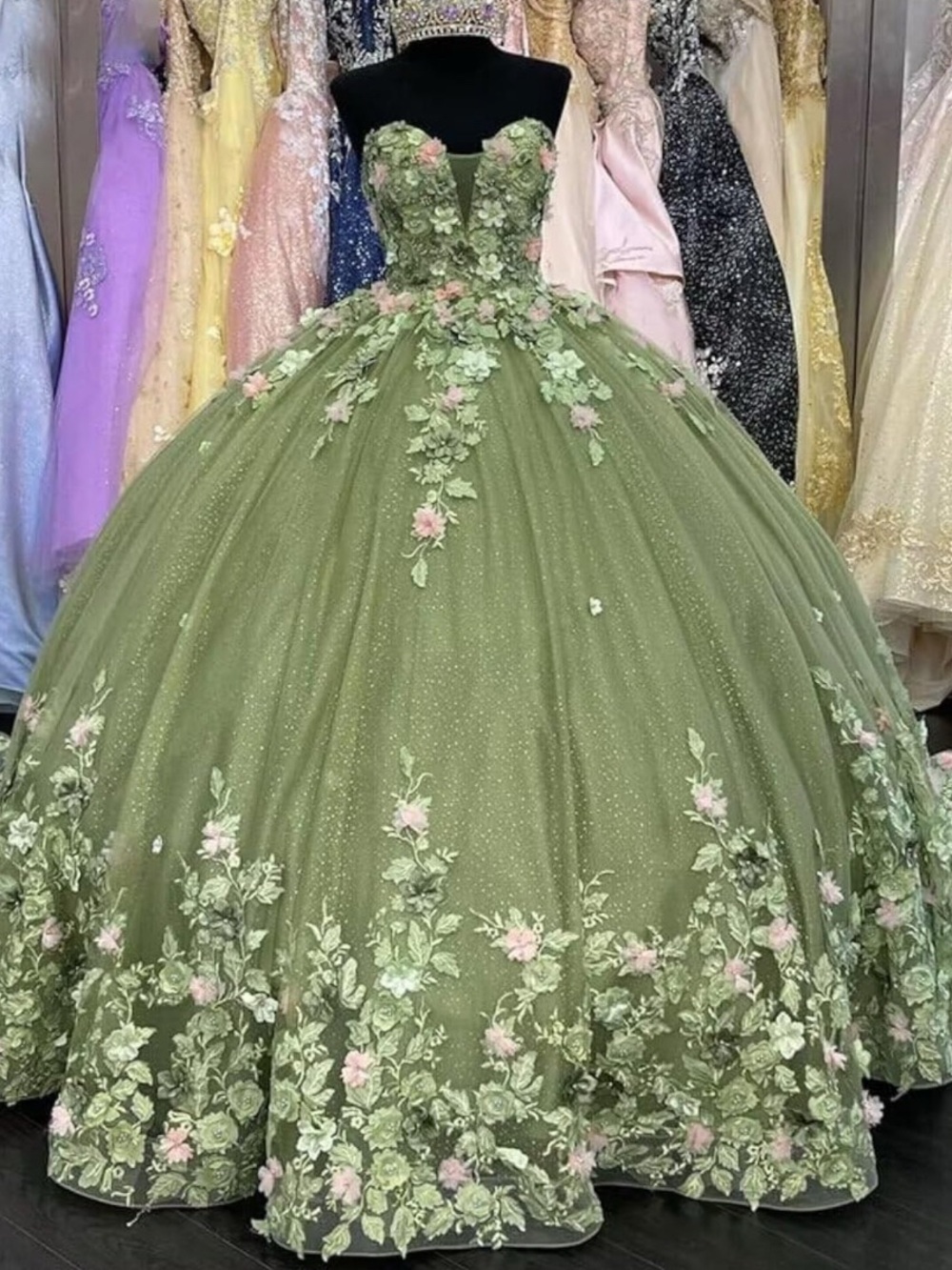 Elegant Olive Green Floral Ball Gown Dress